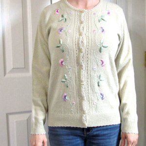 Vintage Beige Sweater Floral Embroidery Crochet Borders Cardigan Womens Size S
